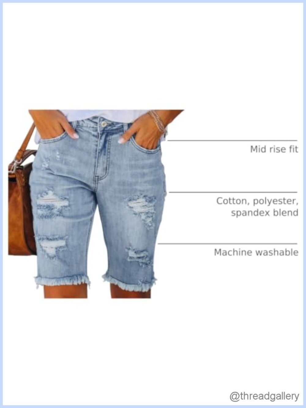 Mid Rise Ripped Denim Bermuda Shorts Stretchy 10 Inch Inseam - Picture 3 of 6